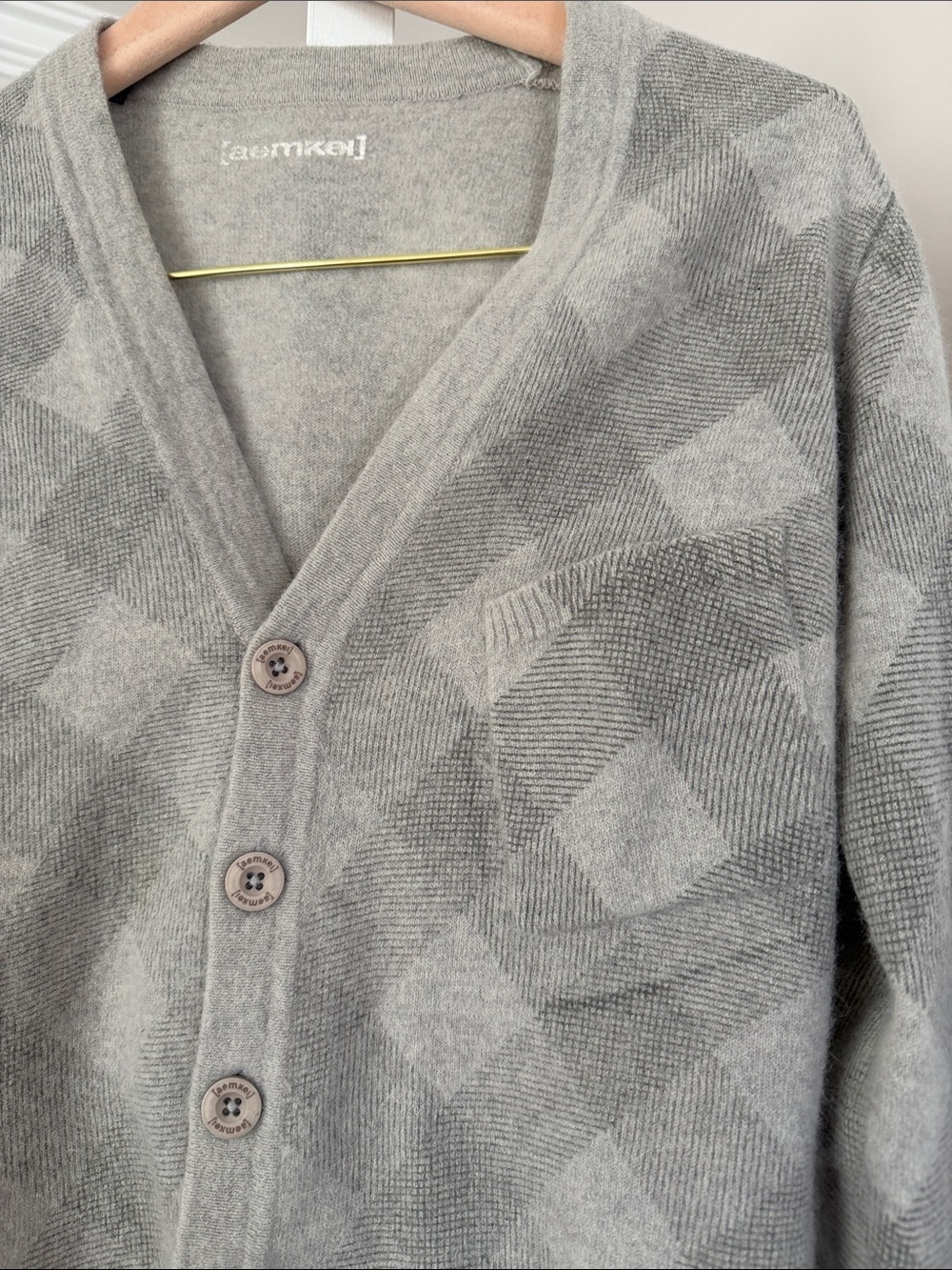Aemkei gray plaid button cardigan lambswool and angora men’s size S - Picture 2 of 6